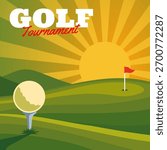 Golf course sunrise flat design for sports event poster. Golf ball on tee with sunrise background. Putting green with flag and sunrise landscape flat vector for tournament background