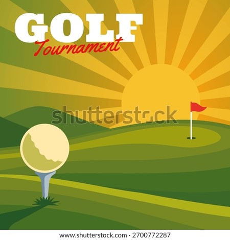 Golf course sunrise flat design for sports event poster. Golf ball on tee with sunrise background. Putting green with flag and sunrise landscape flat vector for tournament background