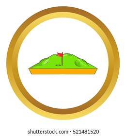 Golf course vector icon in golden circle, cartoon style isolated on white background