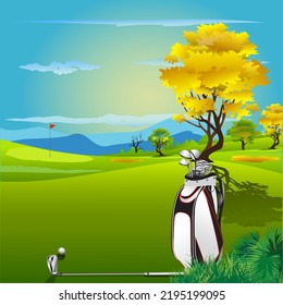 Golf course vector illustration and colorful trees.