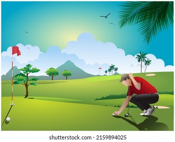 Golf Course Vector Illustration And Golfer Aiming A Hole To Make A Putt