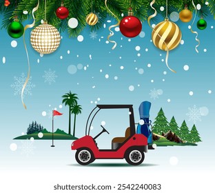 Ilustración vectorial de campo de golf en Navidades y Año Nuevo para uso publicitario en celebración de descuento.