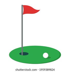 Golf course vector illustration. Red flag, hole and a white ball.