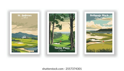 Golf Course. Vector illustration of St. Andrews, Torrey Pines, Bethpage Black