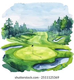 ilustração de vetor de campo de golfe em estilo aquarela