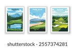 Golf Course. Vector modern illustration of Oakmont Country Club, Pennsylvania, Pebble Beach Golf Links, California, Turnberry Golf Course Scotland