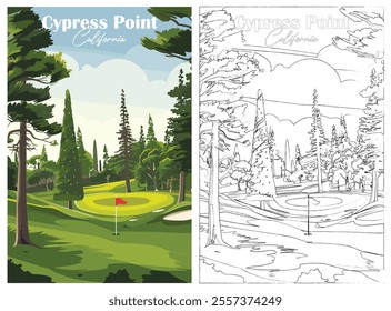 Golf Course. Vector modern illustration of Cypress Point Club, California with club and hole, golf course for poster, flyer, invitation, ticket or background