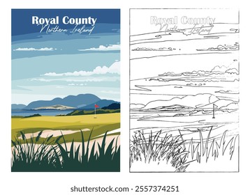 Golf Course. Vector modern illustration of Royal County Down Golf Club, Northern Ireland with club and hole, golf course for poster, flyer, invitation, ticket or background