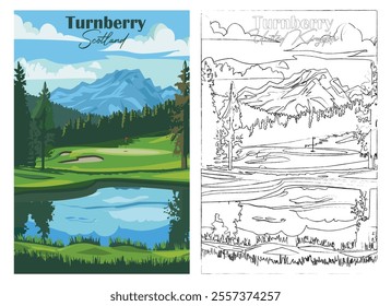 Golf Course. Vector modern illustration of Turnberry Golf Course, Scotland with club and hole, golf course for poster, flyer, invitation, ticket or background