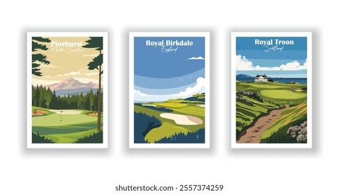 Golf Course. Vector modern illustration of Pinehurst Golf Course, North Carolina, Royal Troon Golf Club, Scotland, Royal Birkdale Golf Club, England