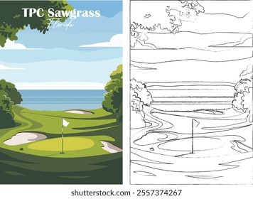 Golf Course. Vector modern illustration of TPC Sawgrass Golf Course, Florida with club and hole, golf course for poster, flyer, invitation, ticket or background