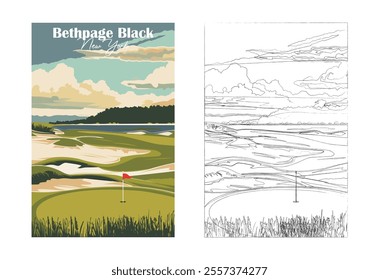 Golf Course. Vector modern illustration of Bethpage Black, New York with club and hole, golf course for poster, flyer, invitation, ticket or background