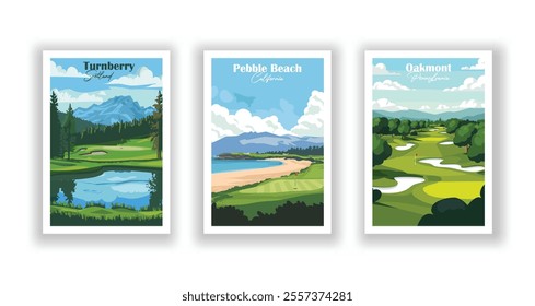 Golf Course. Vector modern illustration of Oakmont Country Club, Pennsylvania, Pebble Beach Golf Links, California, Turnberry Golf Course Scotland