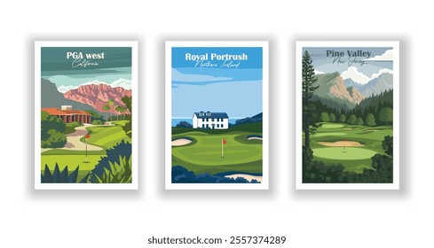 Golf Course. Vector modern illustration of PGA West golf courses, California, Royal Portrush Golf Club, Northern Ireland, Pine Valley Golf Club, New Jersey