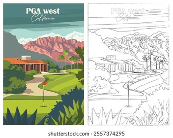 Golf Course. Vector modern illustration of PGA West golf courses, California with club and hole, golf course for poster, flyer, invitation, ticket or background