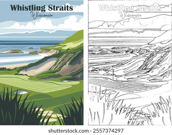 Golf Course. Vector modern illustration of Whistling Straits Golf Course, Wisconsin with club and hole, golf course for poster, flyer, invitation, ticket or background