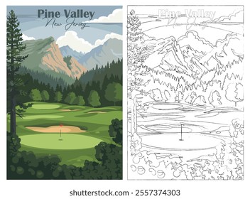 Golf Course. Vector modern illustration of Pine Valley Golf Club, New Jersey with club and hole, golf course for poster, flyer, invitation, ticket or background