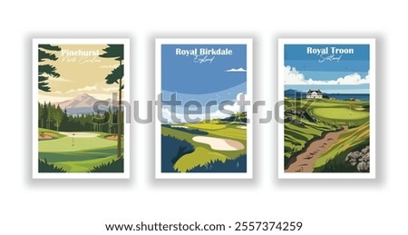 Golf Course. Vector modern illustration of Pinehurst Golf Course, North Carolina, Royal Troon Golf Club, Scotland, Royal Birkdale Golf Club, England