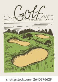 Golf course, vector realistic hand drawn sketch, monochrome illustration