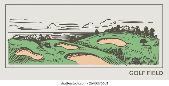 Golf course, vector realistic hand drawn sketch, monochrome illustration
