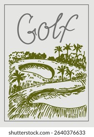 Golf course, vector realistic hand drawn sketch, monochrome illustration