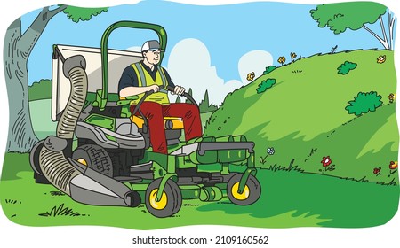 Golf course worker mows the grass