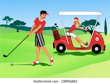 At a golf course young man hitting a ball with a club and a woman driving by in a golf cart, vector illustration