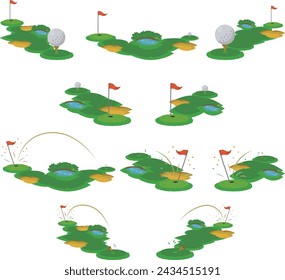 Golf courses with regular bunkers, ponds, and green grass, and golf courses with hole-in-ones.