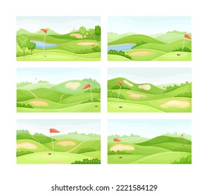 Golf courses set. Green summer course with holes, sand traps and flags vector illustration