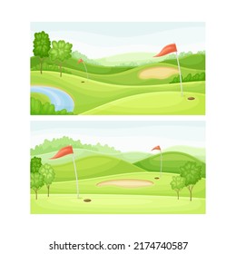 Los campos de golf en el atardecer. Ilustración vectorial de campos verdes, estanques y banderas rojas