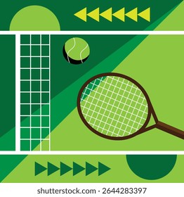 Ideia do campo de golfe em verde com raquete e esferas figuras geométricas. Esportes e atividades recreativas conceito de arte vetorial