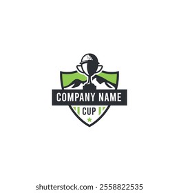 Golf Cup or Golf Tournament with trophy and mountain background Badge Logo Design. 