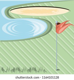 golf curse with sand trap and lake