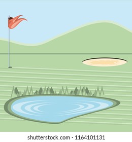 golf curse with sand trap and lake