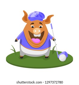 Golf Day Pig line up a golf shot. Pig cartoon. Stock vector.