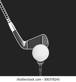 Golf design vector illustration. Golf club close up -  on black background. Vector golf club with ball. Cropped placing golf ball