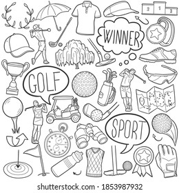 Golf doodle icon set. Sports Tools Vector illustration collection. Banner Hand drawn Line art style.