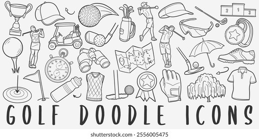 Golf doodle icon set. Sports Tools Vector illustration collection. Banner Hand drawn Line art style.	