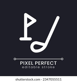 Golf driver and tag pixel perfect white linear ui icon for dark theme. Equipment for game. Vector line pictogram. Isolated user interface symbol for night mode. Editable stroke. Poppins font used
