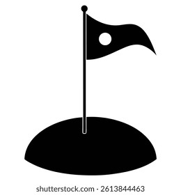 Golf element vector,  Silhouette of a golf flag fluttering atop a pin in a hole, on a small, rounded green