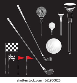 Golf elements can use for poster, banner, flyer. Vector Set Golf Equipment Icons on black board. Golf collection include: flag, hole,ball, tee, stick, club. Black and white color icons for golf