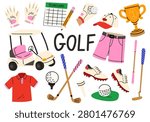Golf elements in cartoon doodle style.Sports equipment, ball, club, golf gloves, golf cart, glove with ball, polo shirt.Hand-drawn vector golf illustration on a white background.