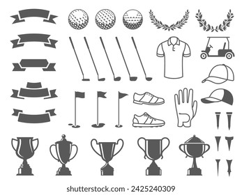 Golf elements collection. Tee icons, ball silhouettes, cup stickers and ribbons, ball markers and putter badges. Sport game elements vector set of sport goblet and cap illustration