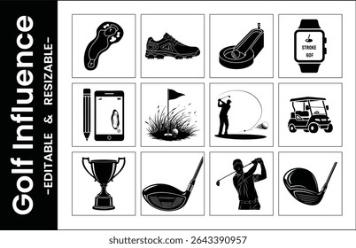 Golf Elements Collection Vector Illustration Golf Course Equipment Golfing Activity Graphics Silhouettes