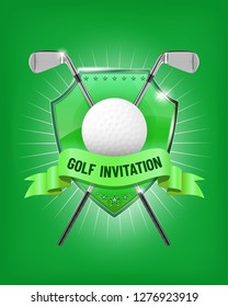 Golf elements design with shield, golf clubs, ball and ribbon on green background - vector illustration