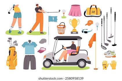 Golf elements and players characters. Sports equipment, different types clubs, ball, bag and golf cart, people, game attributes, vector set