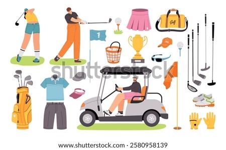 Golf elements and players characters. Sports equipment, different types clubs, ball, bag and golf cart, people, game attributes, vector set