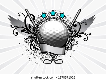 Golf emblem, ball and clubs