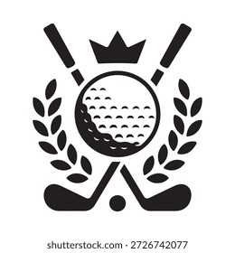 Golf emblem featuring a crown ball clubs and laurel wreath design