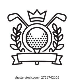 Golf emblem featuring a crown golf ball clubs and laurel wreaths design